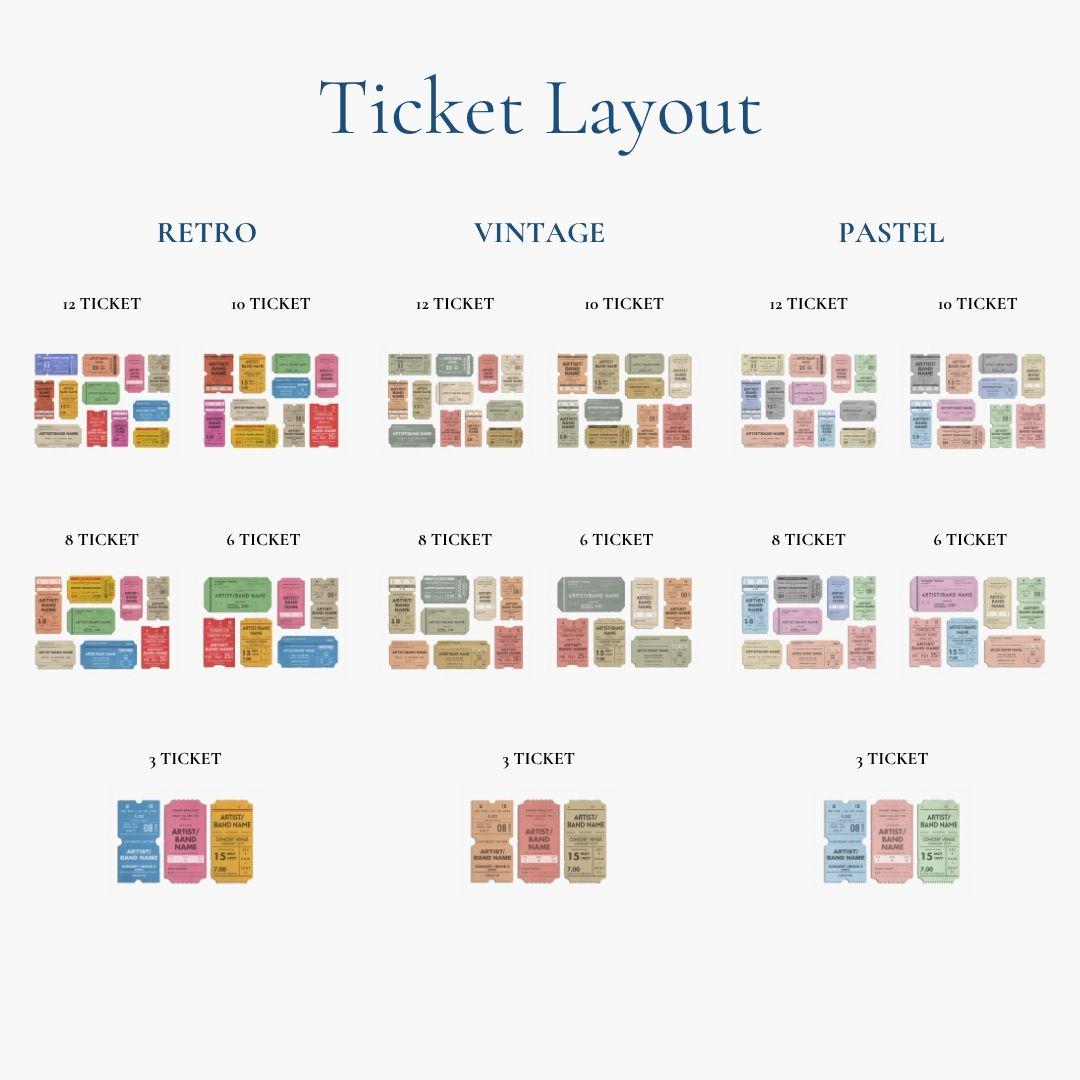 A title saying "Ticket Layout" and below shows various numbers of ticket stubs and colour schemes to see the optins available for the concert ticket poster.