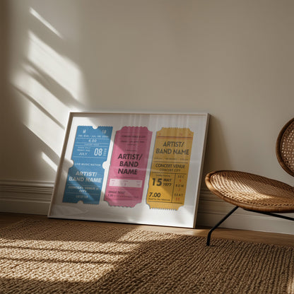 A well lit hallway with a rattan rug and chair. A bright print in a white frame in leaning on the wall showing festival, tour and event memorabilia for your favourite concerts.