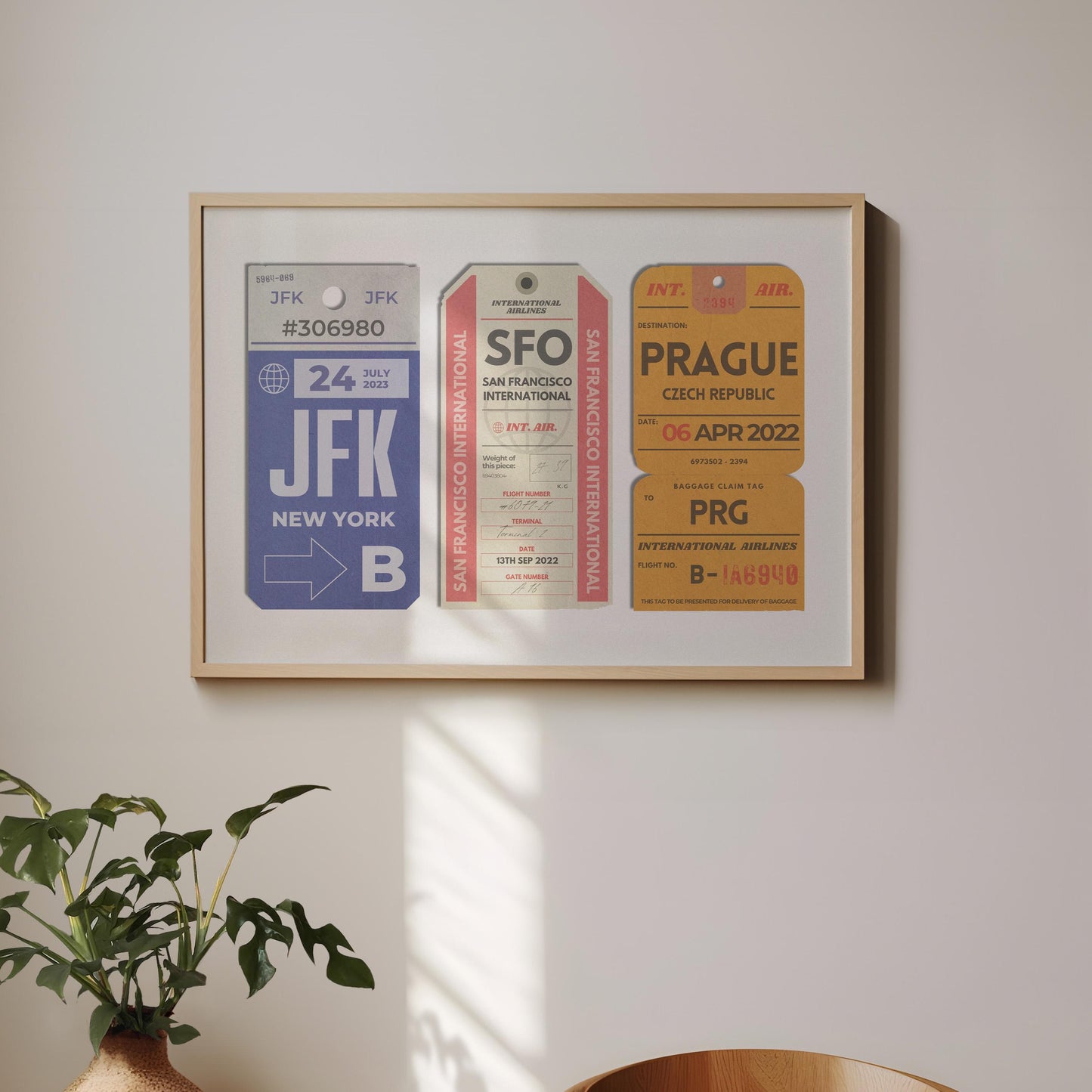 A minimalist home with a large landscape gallery wall piece hung up. The art has vintage details inspired by retro luggage tags