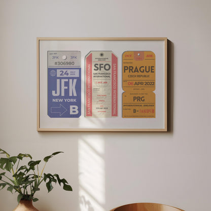 A minimalist home with a large landscape gallery wall piece hung up. The art has vintage details inspired by retro luggage tags