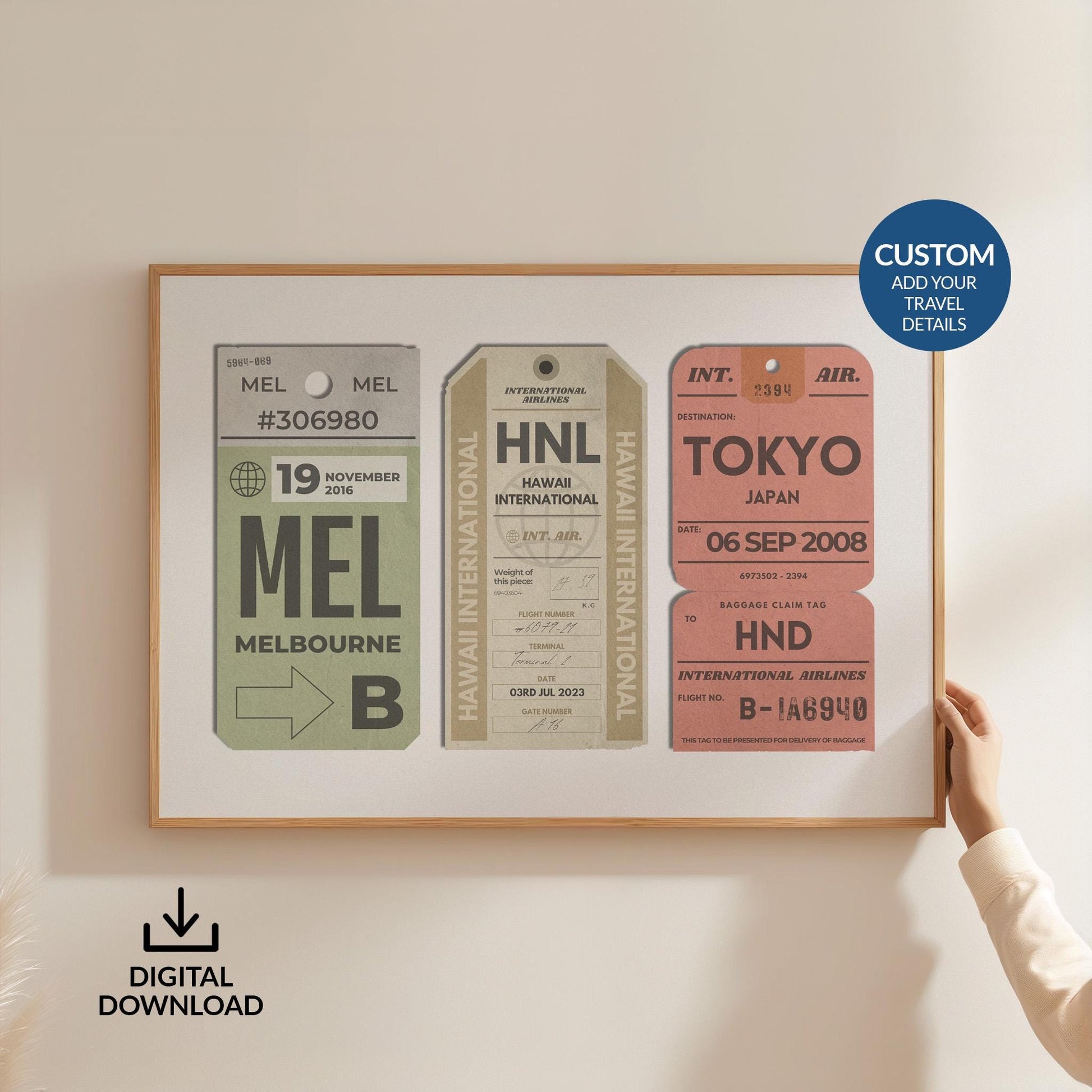 Someone in a white jumper holding up a horizontal frame on a white wall. The art is a vintage style aviation flight ticket design with bespoke details and text.