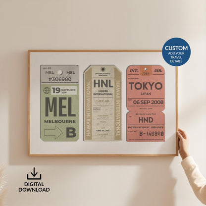 Someone in a white jumper holding up a horizontal frame on a white wall. The art is a vintage style aviation flight ticket design with bespoke details and text.