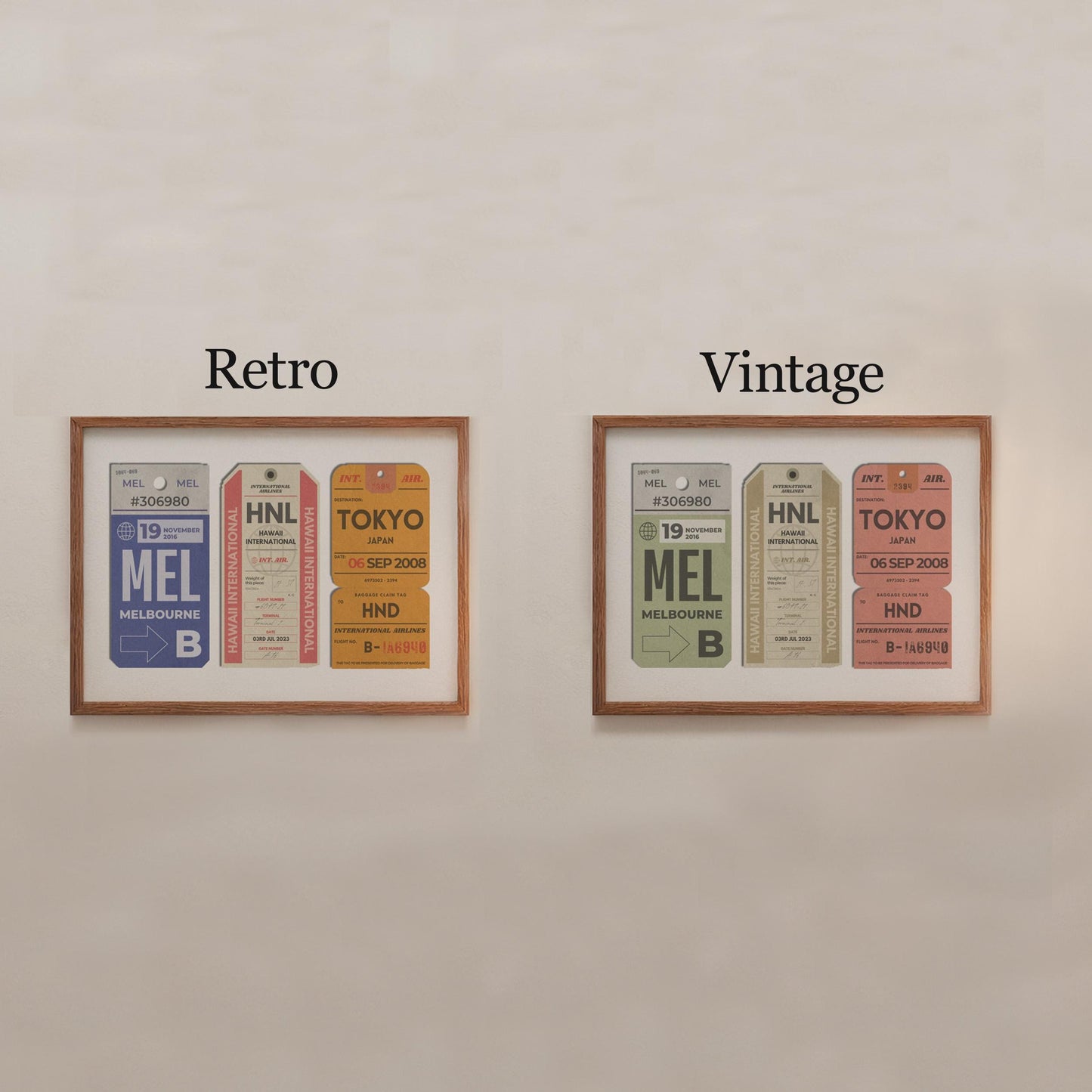 Two prints on a wall showing examples of the two available colour schemes. One is a colourful retro and one is a muted vintage