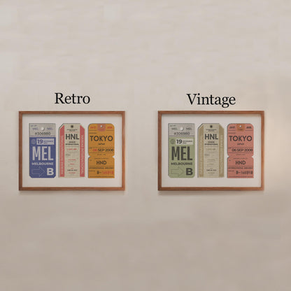 Two prints on a wall showing examples of the two available colour schemes. One is a colourful retro and one is a muted vintage