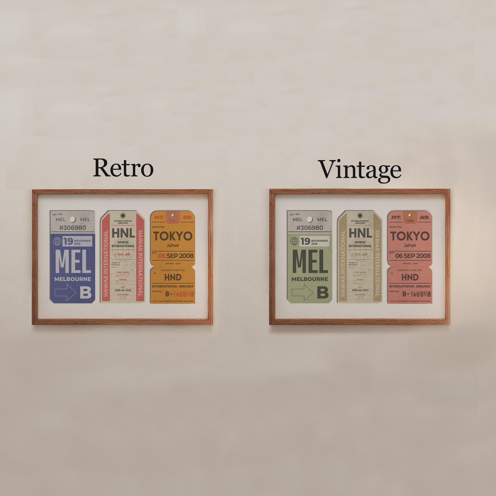 Two framed posters on a white wall as examples of available colour schemes. One is a muted vintage and the other is a colourful retro palette.