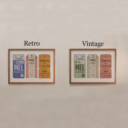 Two framed posters on a white wall as examples of available colour schemes. One is a muted vintage and the other is a colourful retro palette.