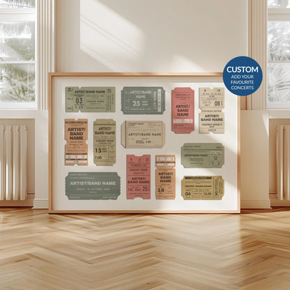 A scandi modern apartment with a large horizontal print leaning on the wall. The art is of multiple vintage concert ticket stubs with personalised text on them.