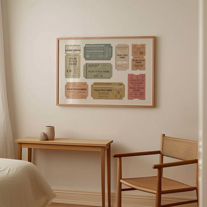 A cosy wood furnished bedroom with a film-themed framed print with custom unique tickets for your favourite films hung on the wall as a large landscape decor piece.