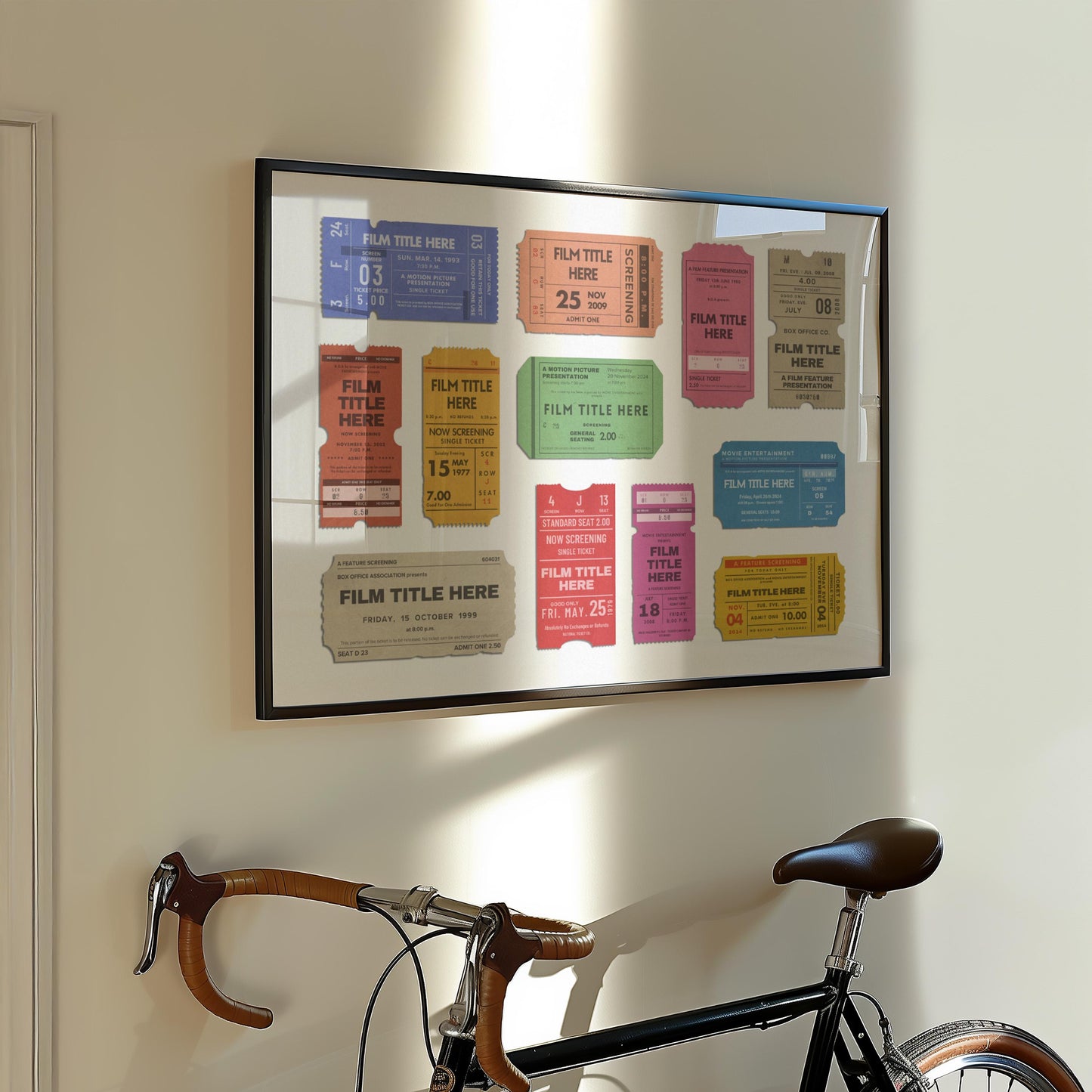 Printed travel keepsake with bespoke vintage cinema tickets, framed and ready to display for trendy memory décor.