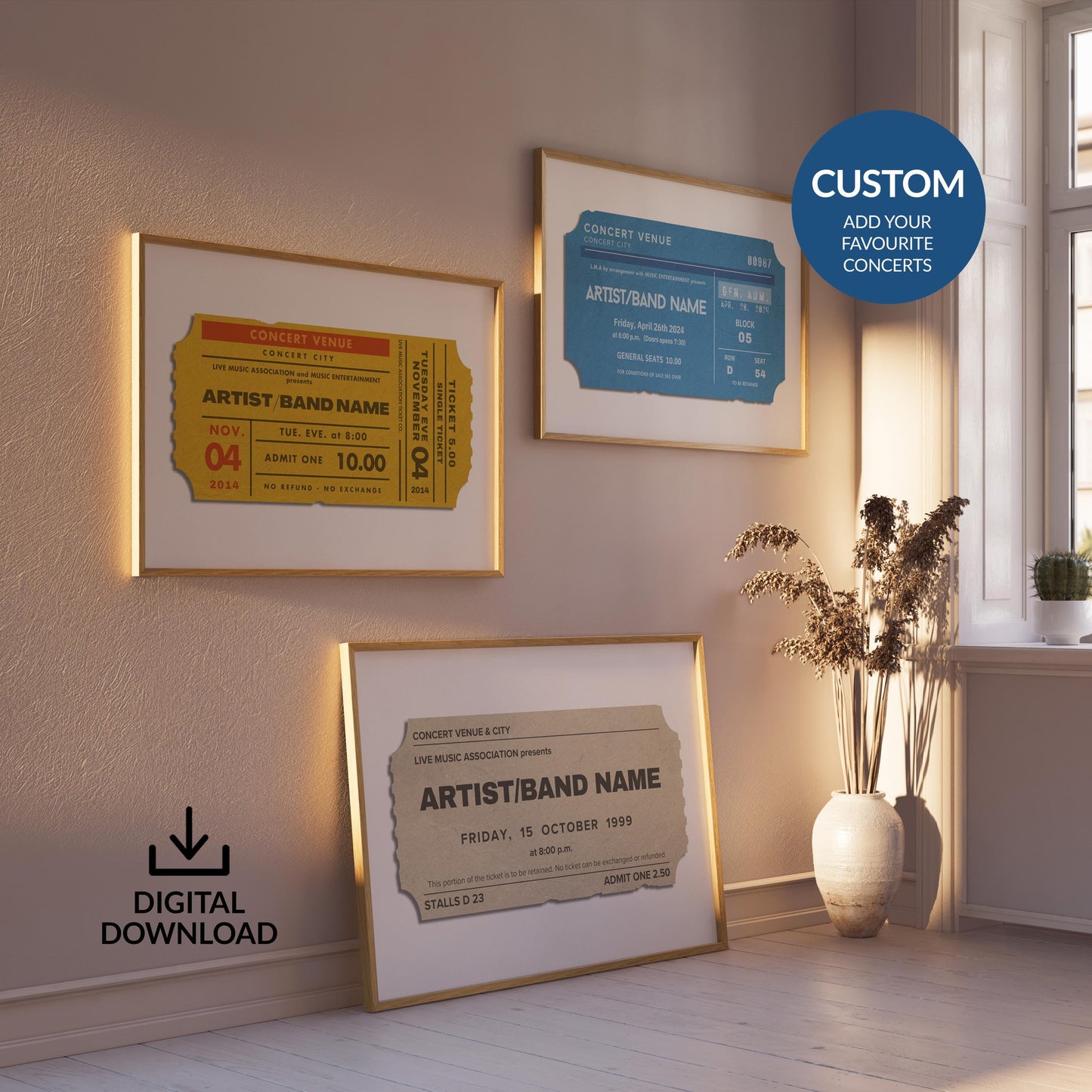A modern hallway space with three colourful prints on the wall. The posters are designed to look like live music event passes with personalised details on them to make a music memory art piece.
