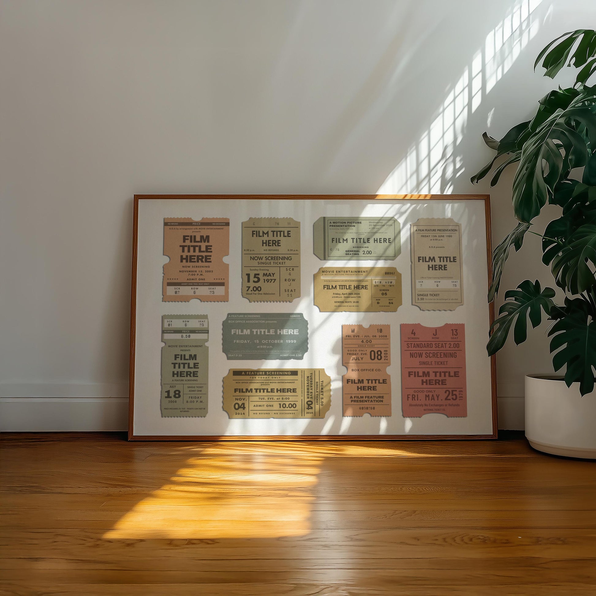 Printed travel keepsake with bespoke vintage cinema tickets, framed and ready to display for trendy memory décor.