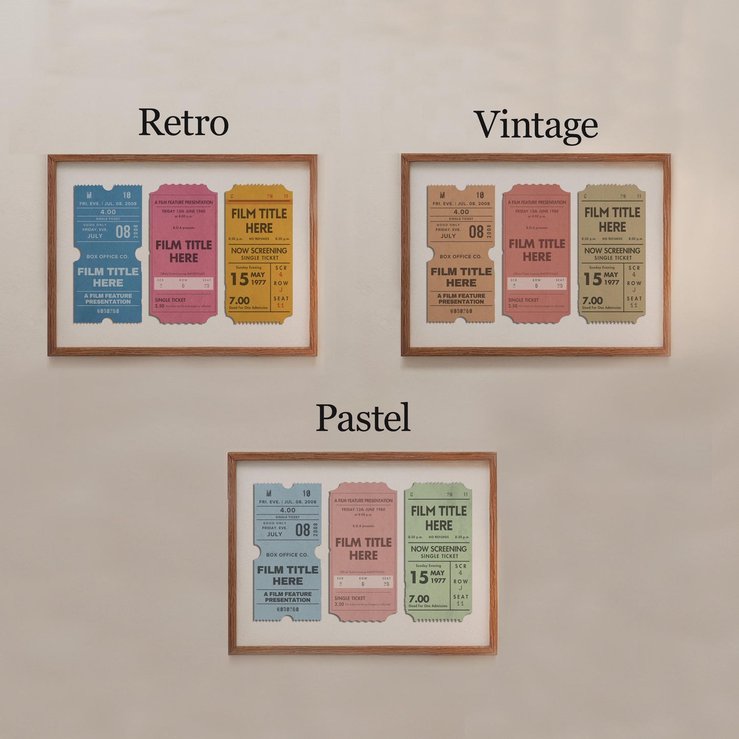 Three framed prints on a white wall showing three colour schemes. A muted vintage, colourful retro and soft pastel palette.