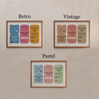 Three framed prints on a white wall showing three colour schemes. A muted vintage, colourful retro and soft pastel palette.
