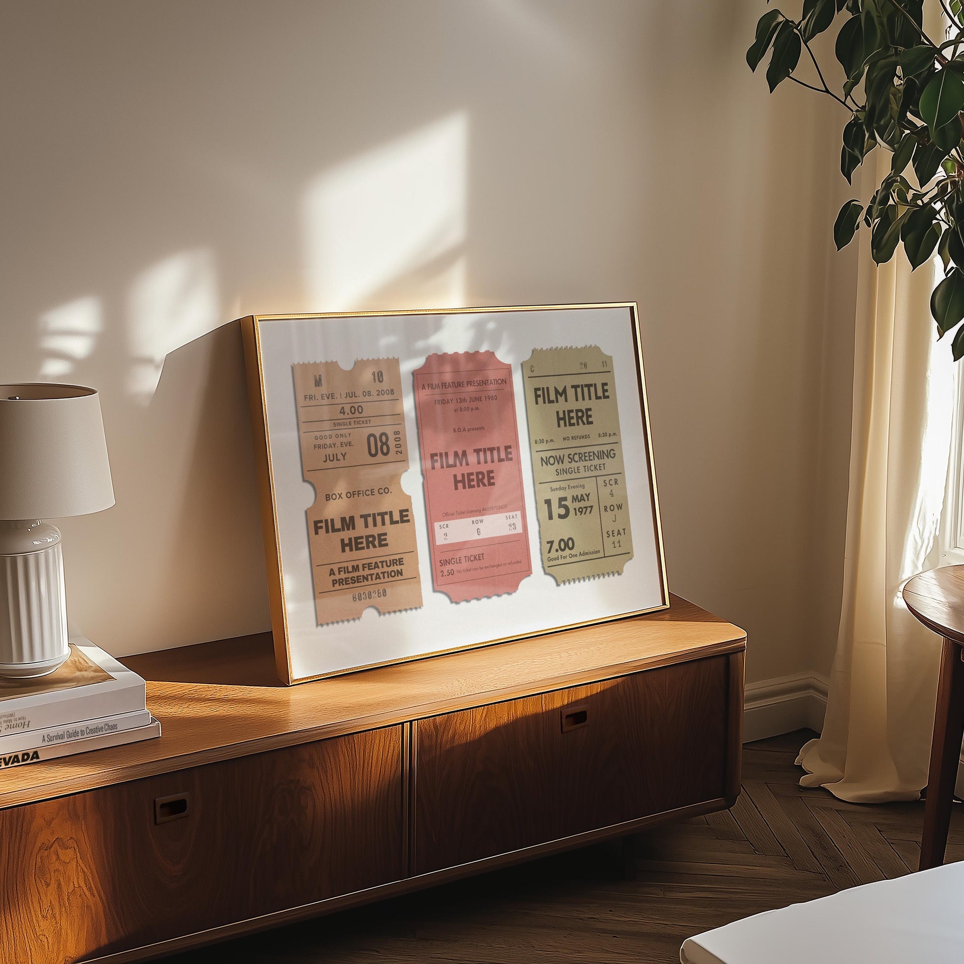 A mid century style bedroom with a framed horizontal print on a counter. The art features retro stubs from a cinema date with customisable movie titles and details for a first date night, family favourites or romantic classics.