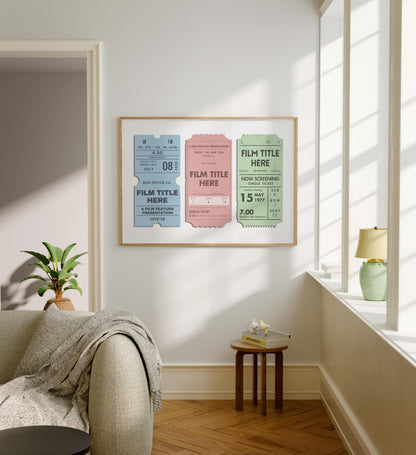 A modern family home living room with art decor on the wall in a pastel colour scheme. Movie theatre tickets are on the design as a large statement piece.