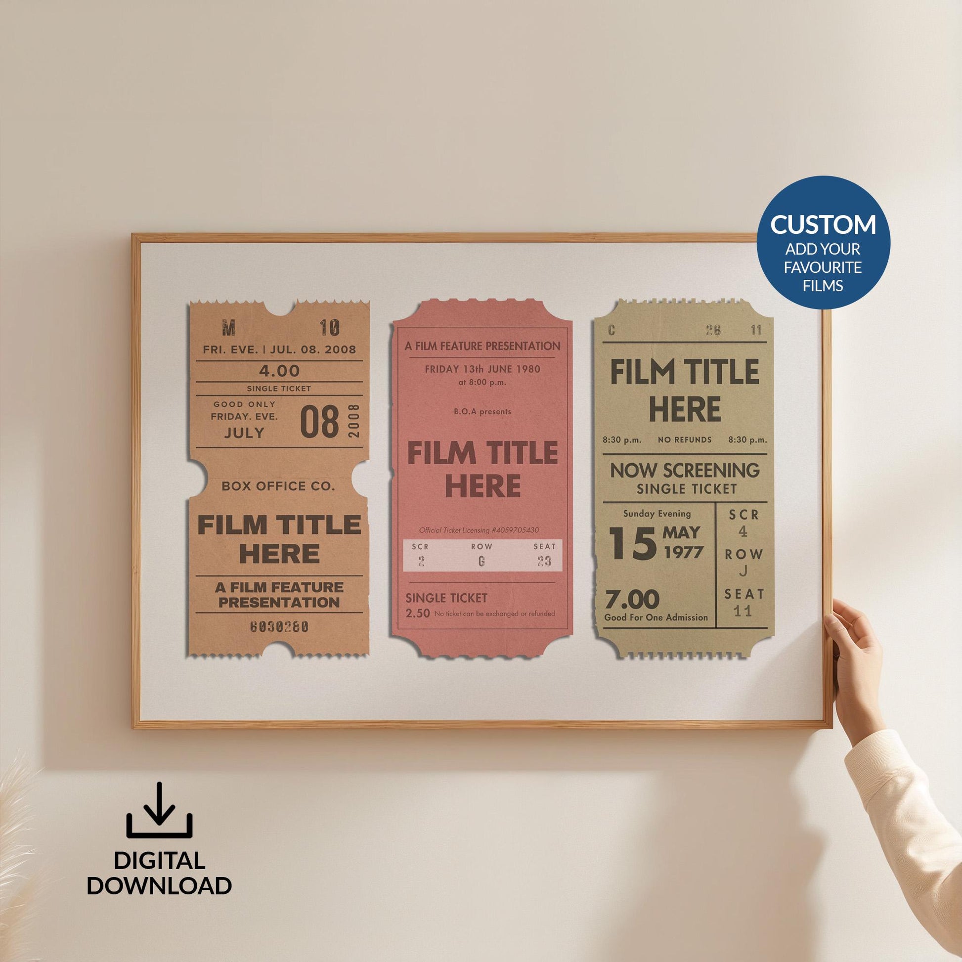 Someone holding up a framed large print on a white wall. Different shape retro style cinema tickets are shown on the design with personalised chosen film titles on them.
