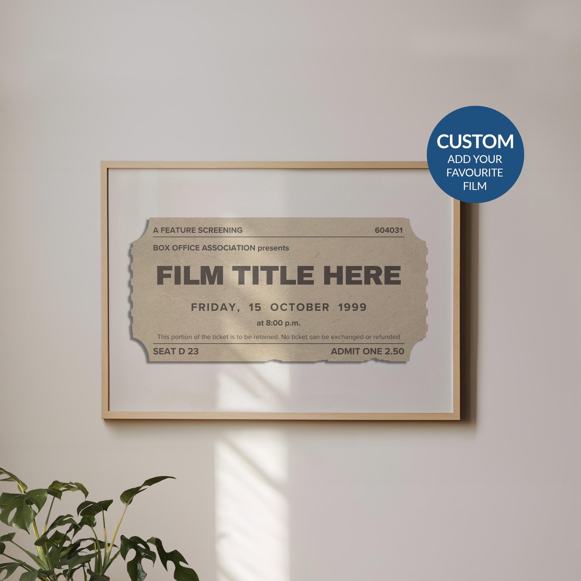 A landscape framed art print hung on a white wall. The poster has a vintage movie ticket on it in a neutral tone showing a unique film with date and production.