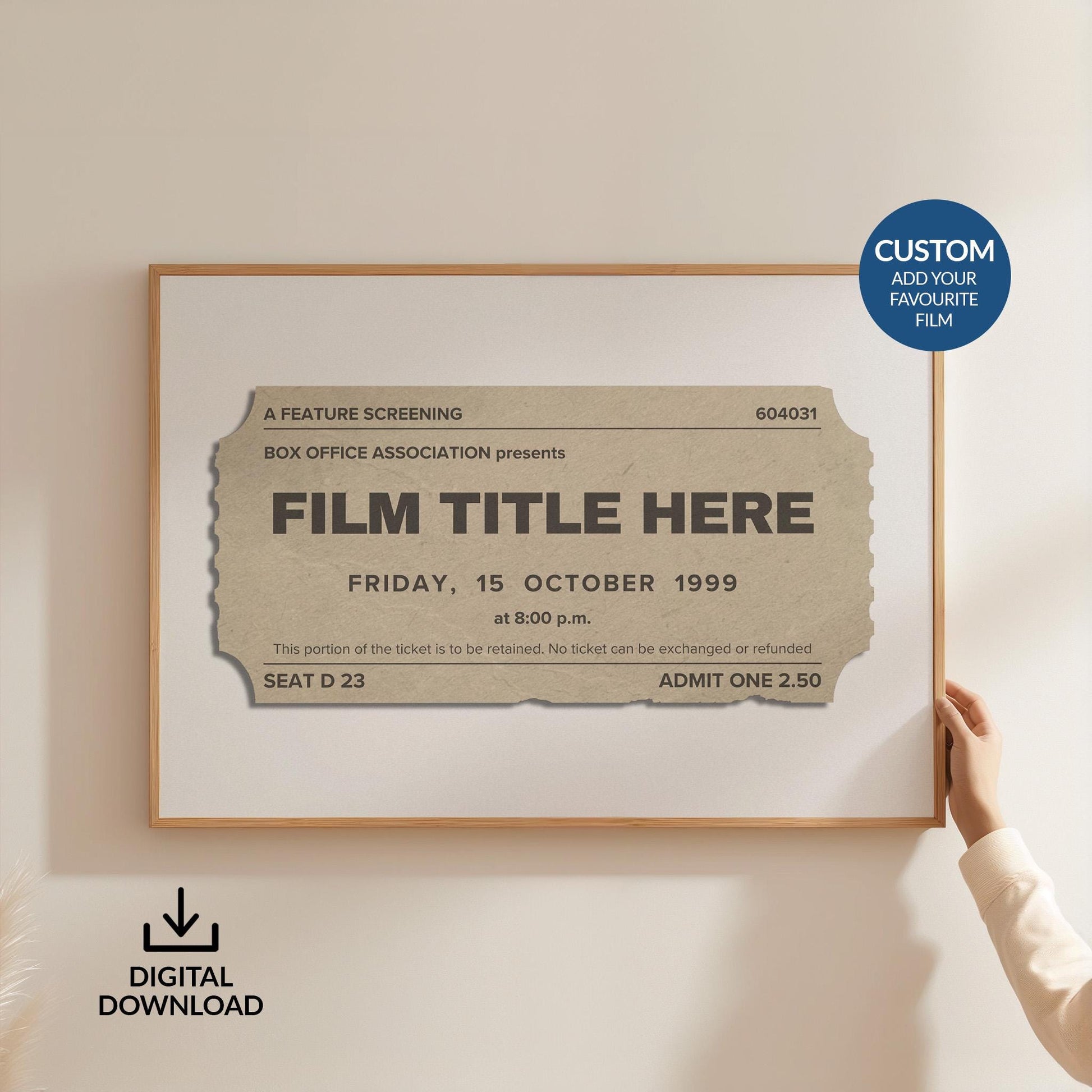 A person holding a print up on a white wall. The art is a keepsake style piece for lovers of films, cinema and nostalgia.