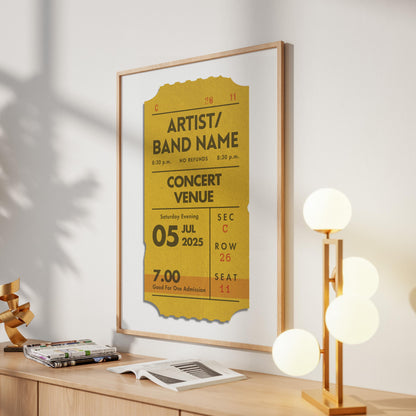 Trio of printable concert ticket posters, digital bundle in beige, mustard, and blue for music lovers