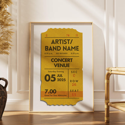 A well lit scandi bedroom. A mustard print in an oak frame is leaning on the wall showing festival, tour and event memorabilia for your favourite concerts.