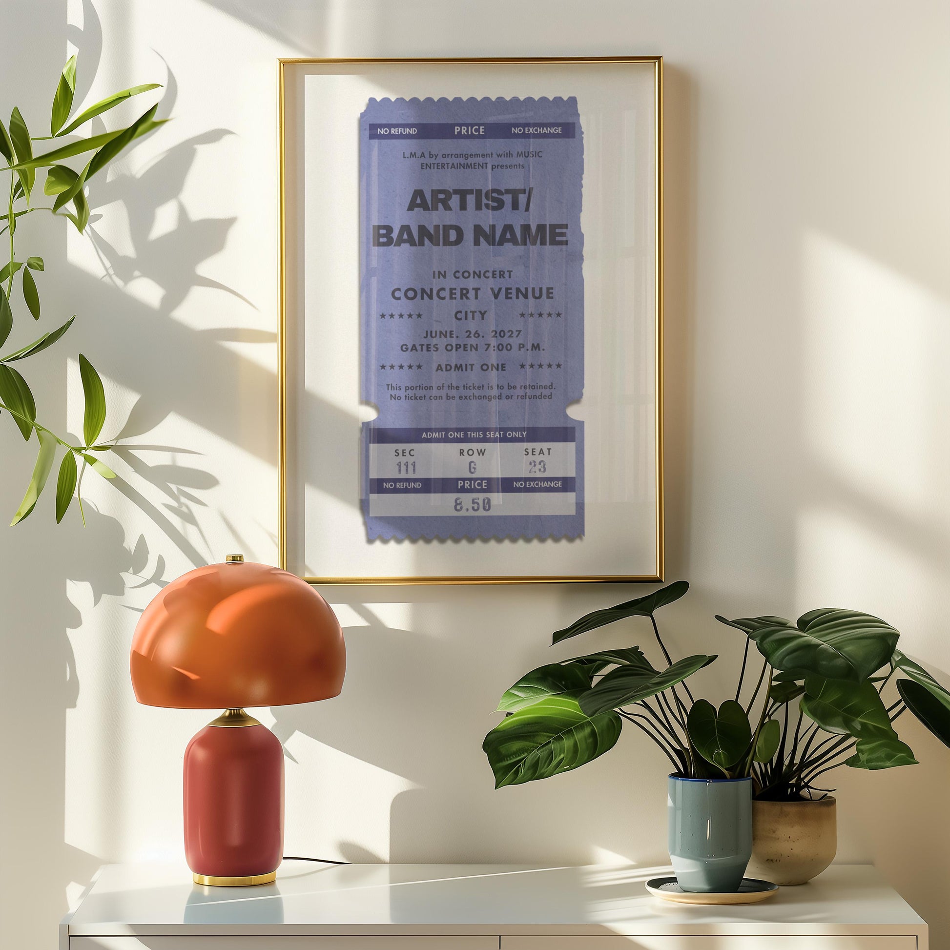 A large blue poster is hung above a cabinet near a plant showing worn edge and old faded ticket stubs inspired by old event keepsakes.