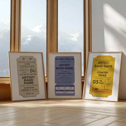 Three colourful art prints leaning against a large window in a livingroom. The art is a vintage blue, beige and yellow design inspired by old live music ticket stubs.