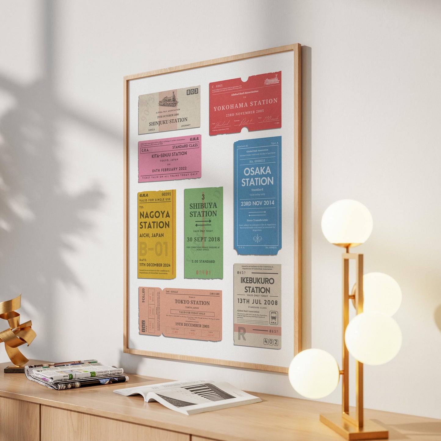 framed print of personalised interrail luggage tags, ideal gift for frequent travellers and holiday keepsake collectors
