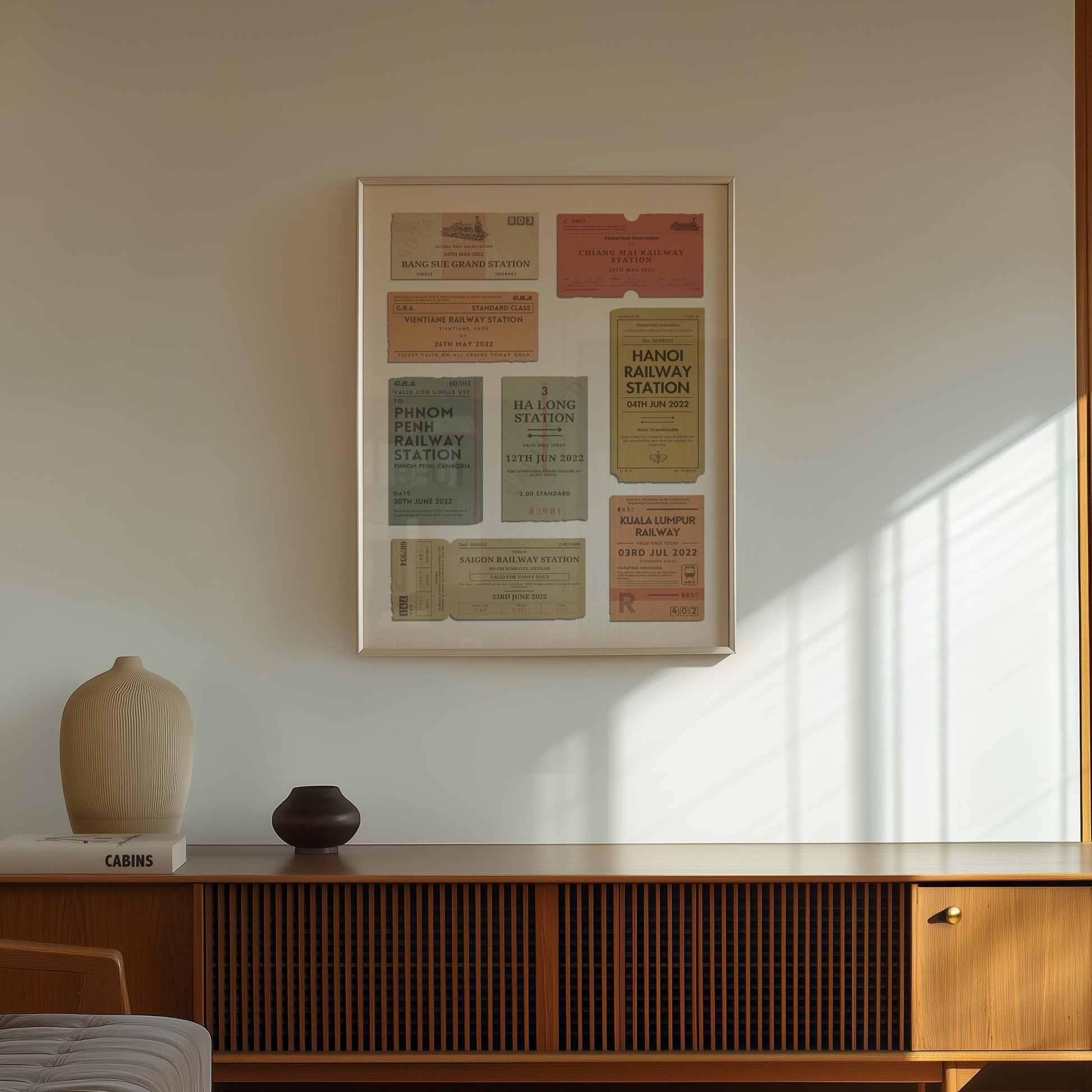Travel-themed framed print with custom unique rail tags for your trips, wall art for memory-filled holiday, gap year or honeymoon décor.