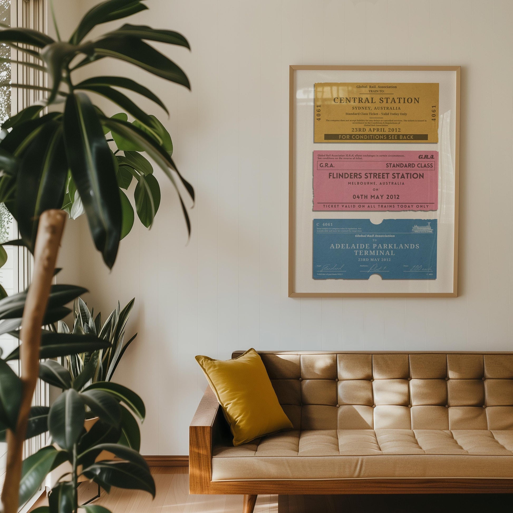 Nostalgic personalised eurail ticket stub Custom Vintage Poster in bedroom, framed travel gift perfect for backpackers and trip memories.