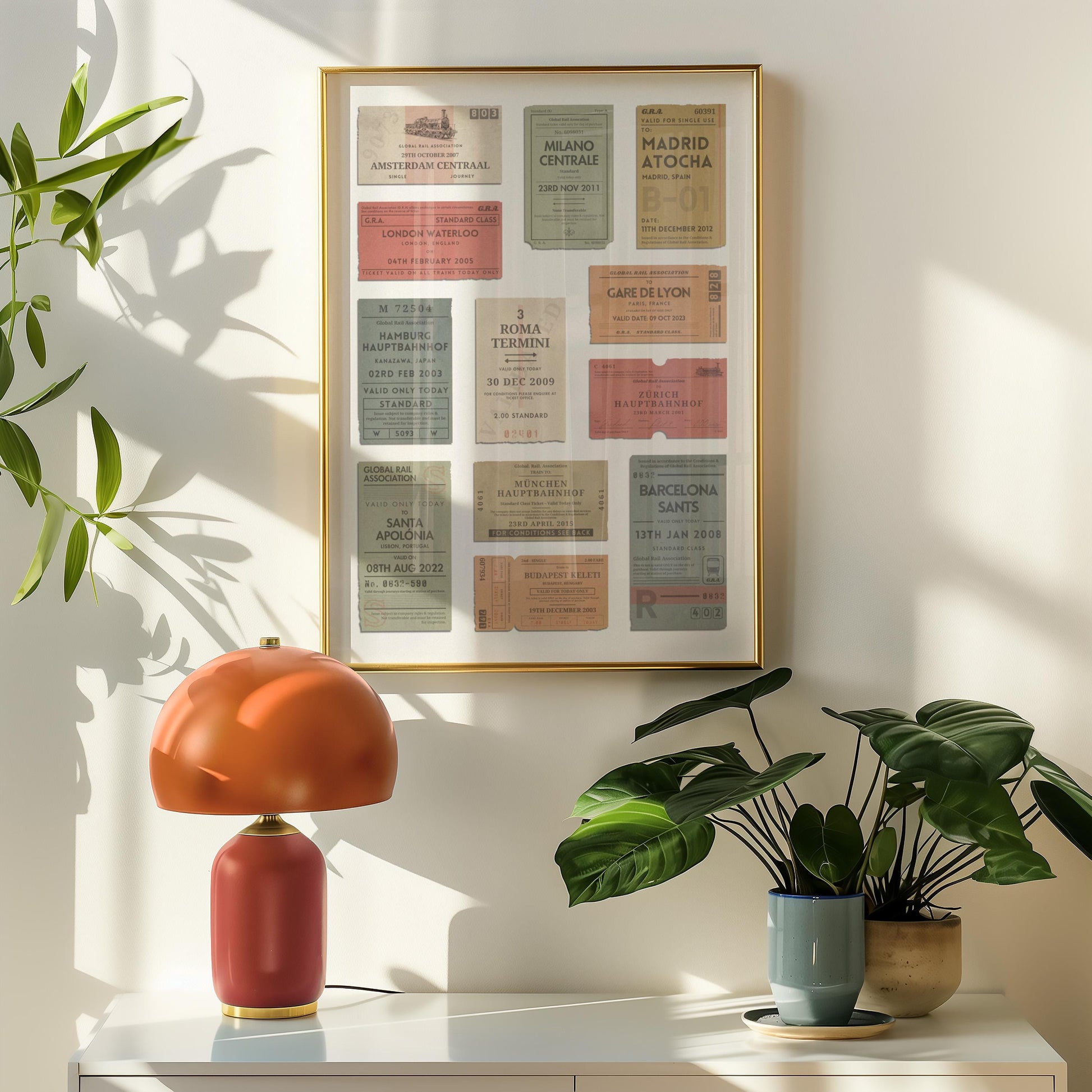 Printed travel keepsake with bespoke vintage luggage tags, framed and ready to display for trendy memory holiday décor.