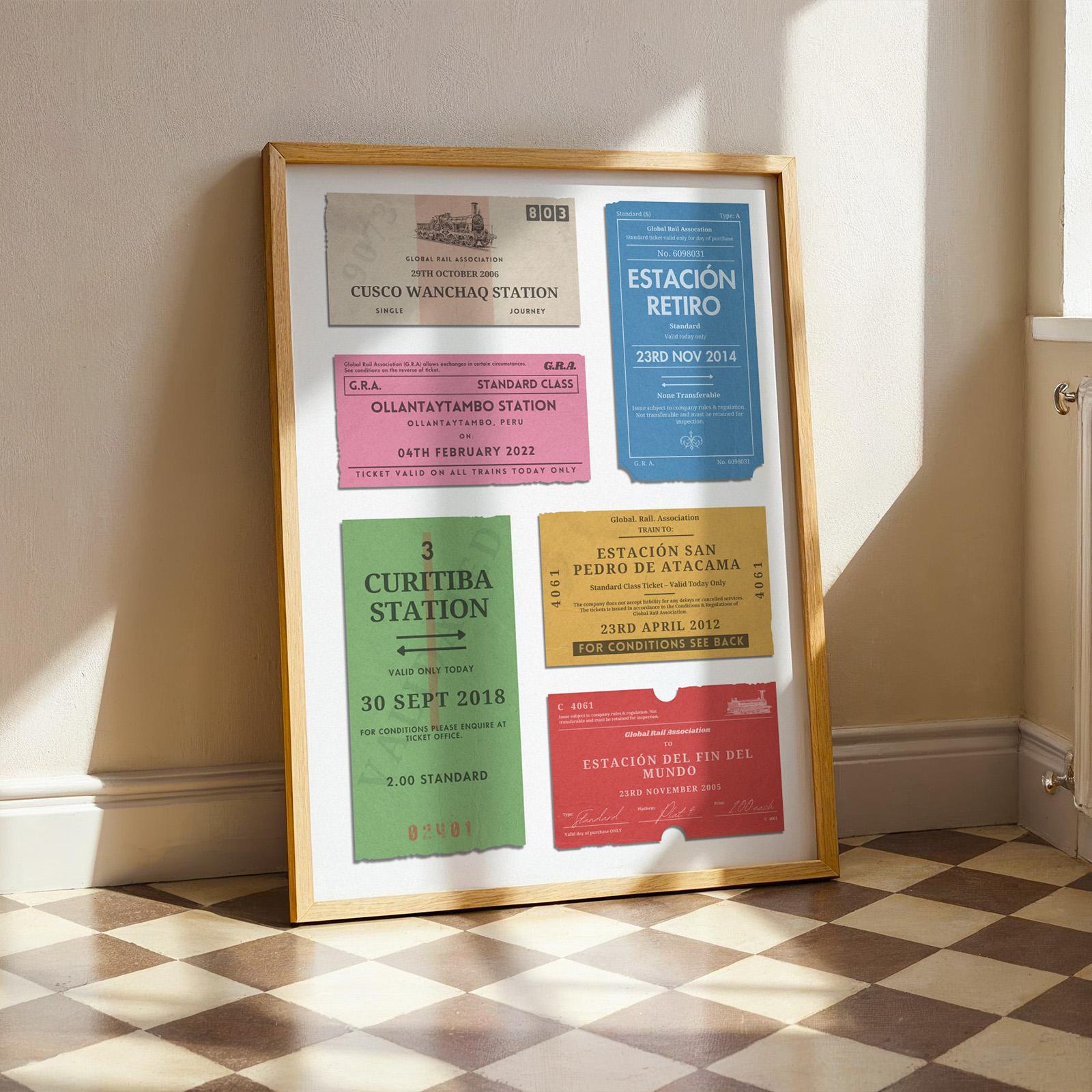 A colourful print showing retro railway tags with custom details and destinations on them.