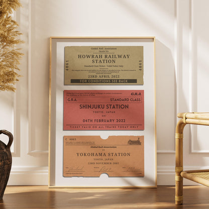 a scandinavian style home with a wood framed poster with a set of personalised train tickets on it