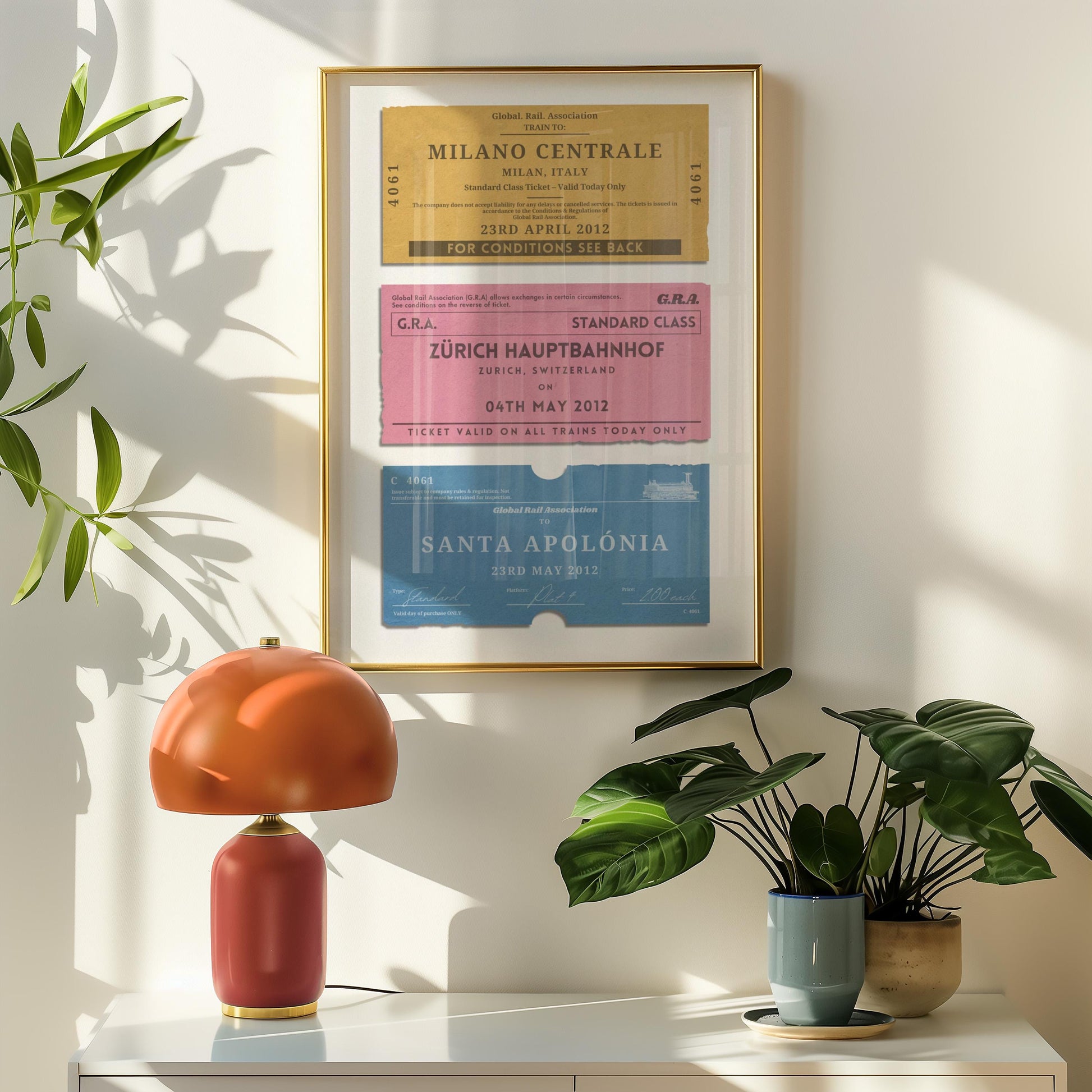 Printed travel keepsake with bespoke vintage train tags, framed and ready to display for trendy memory holiday décor.