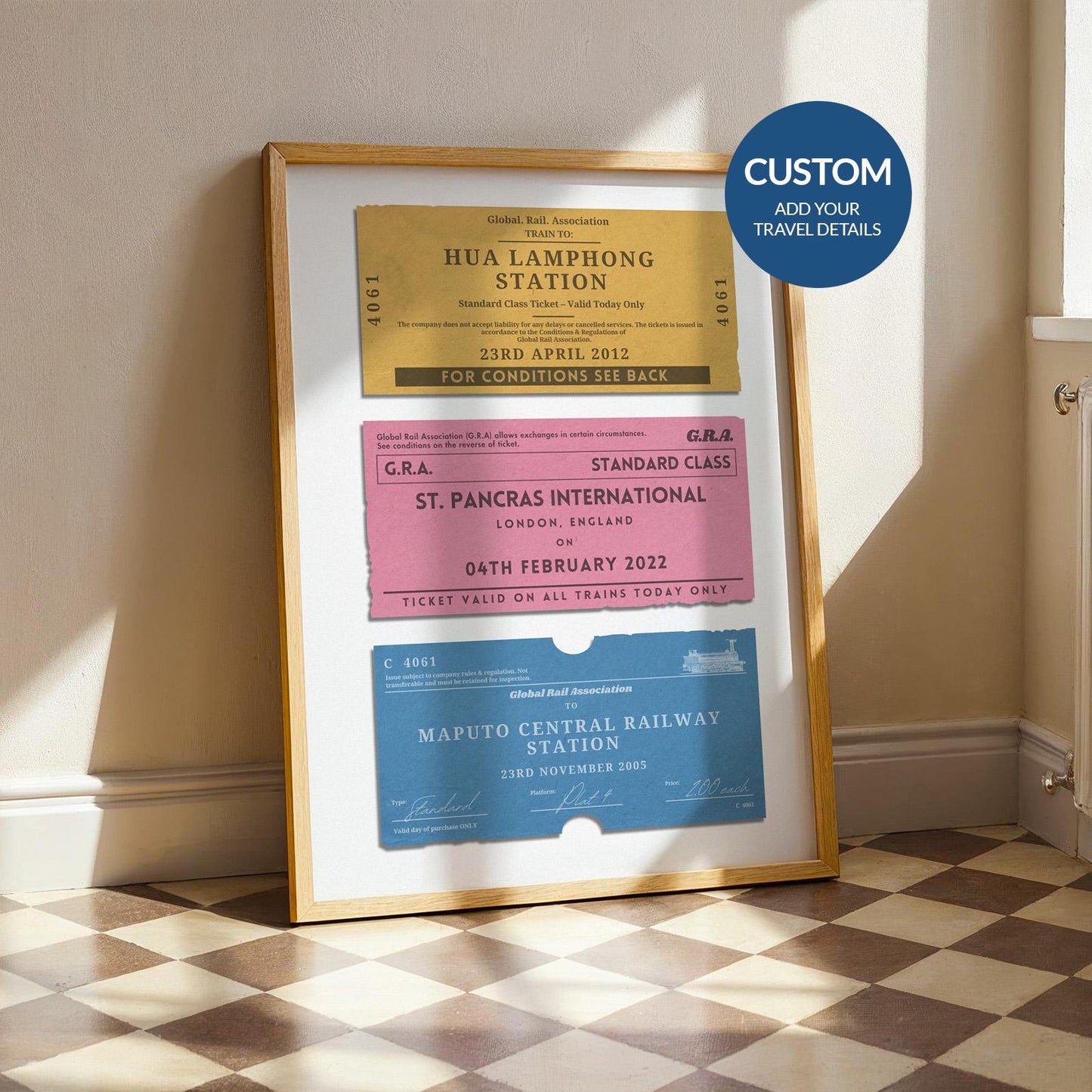 A colourful print showing three retro railway tags with custom details and destinations on them.