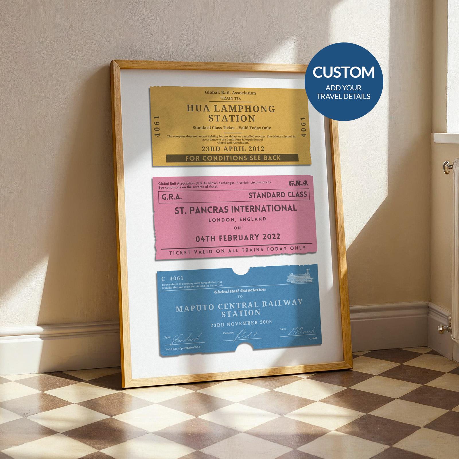 A colourful print showing three retro railway tags with custom details and destinations on them.