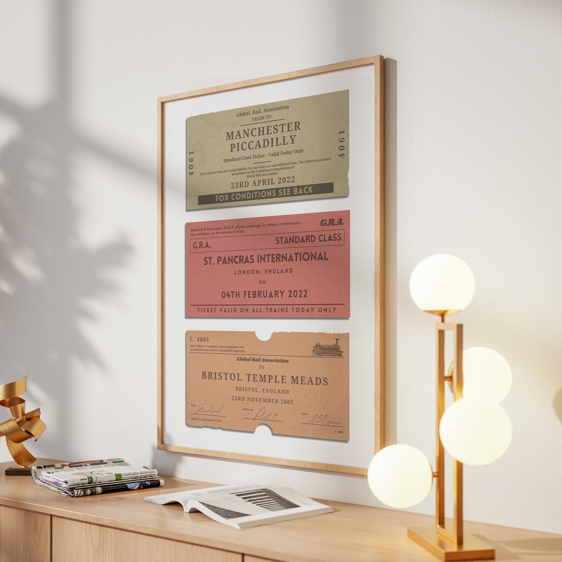 Travel-themed framed print with three custom unique rail tags for your trips, wall art for memory-filled holiday, gap year or honeymoon décor.
