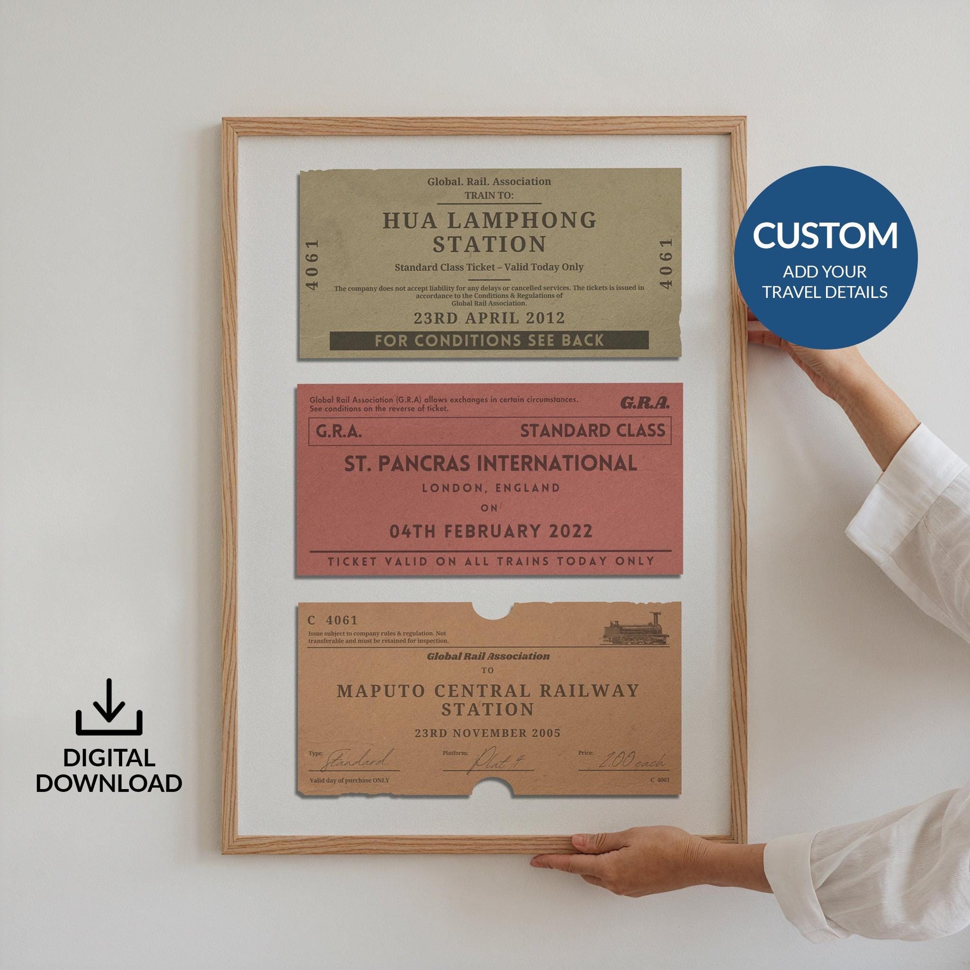 A colourful print showing three retro railway tags with custom details and destinations on them.