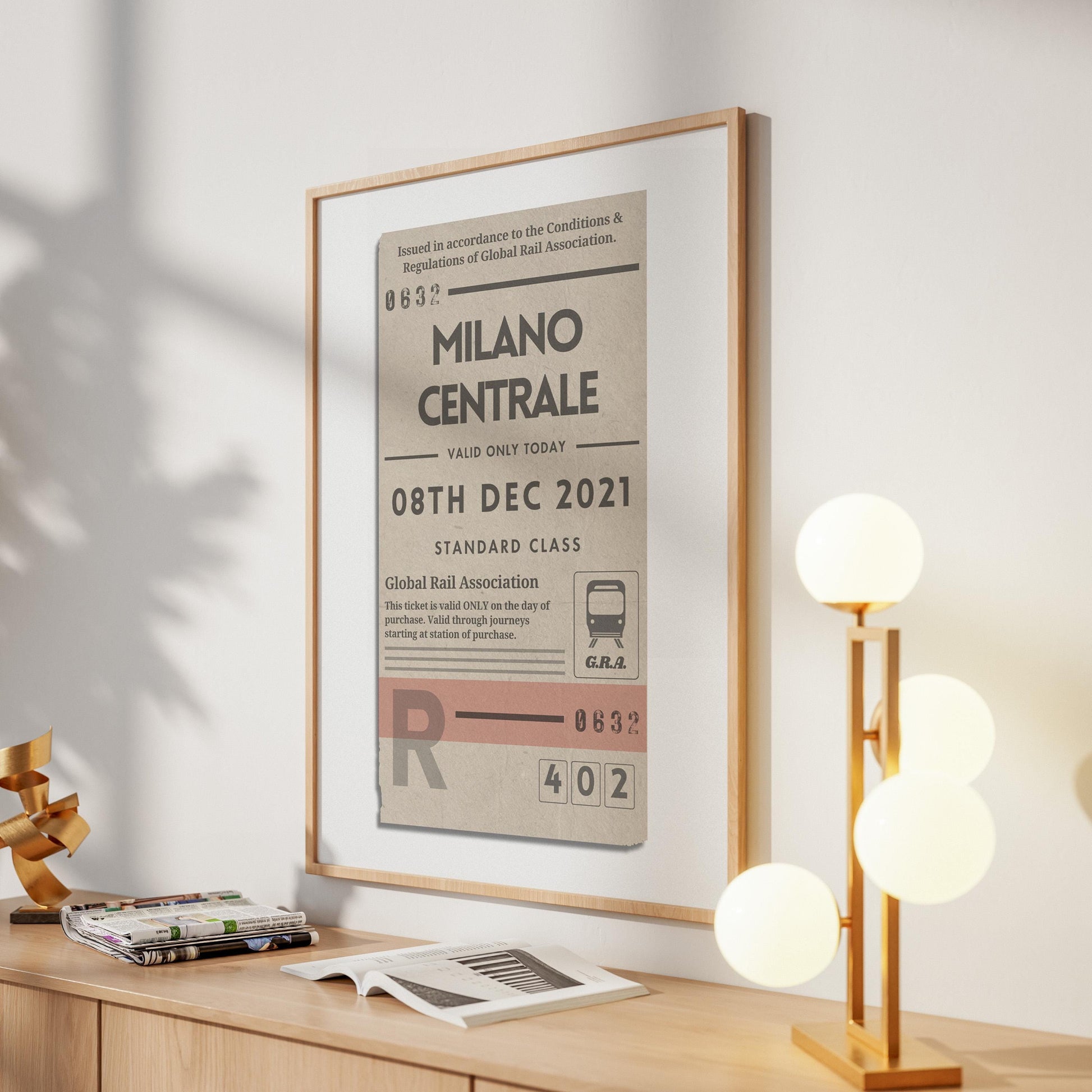 framed print of personalised interrail luggage stubs, ideal gift for frequent travellers and holiday keepsake collectors