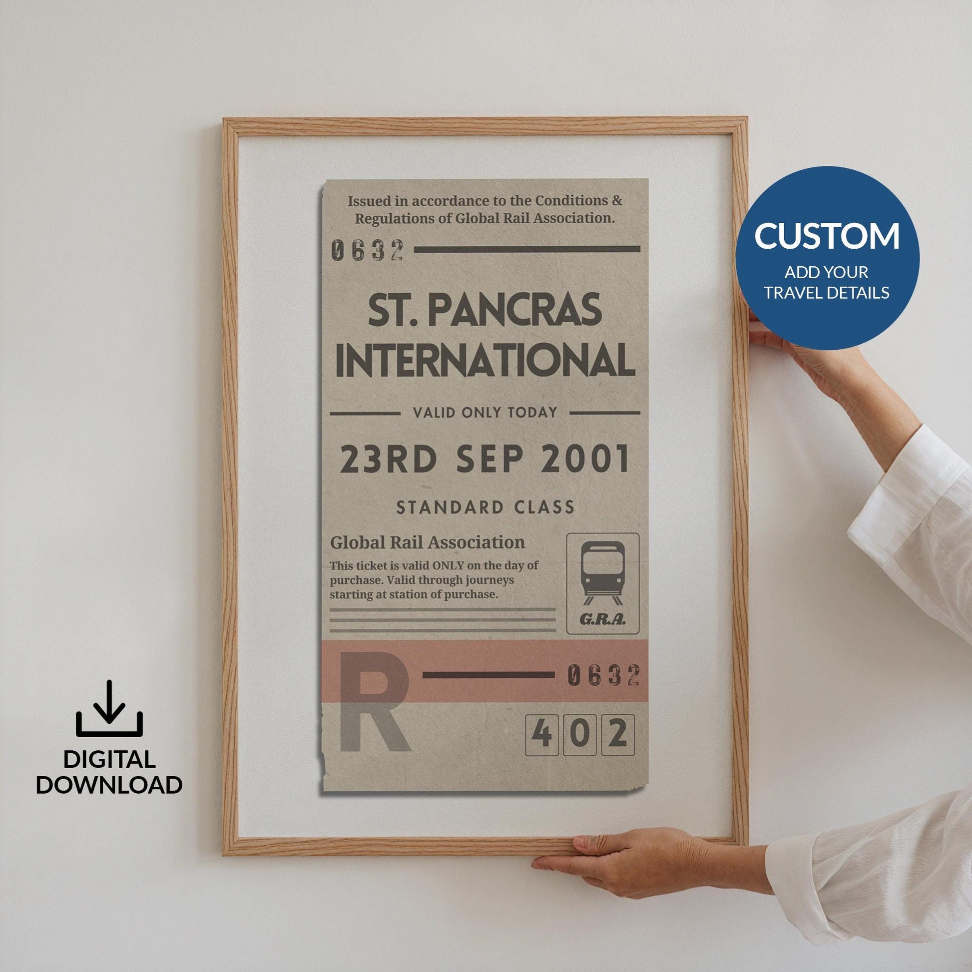 A cream coloured print showing retro railway tags with custom details and a special destination on it.