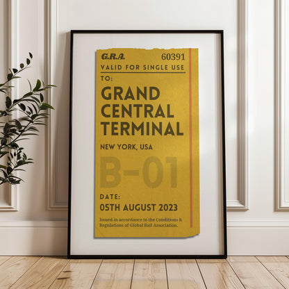 Framed Custom yellow and mustard colour Vintage train ticket Poster, perfect gift for travellers and nostalgic holiday memories