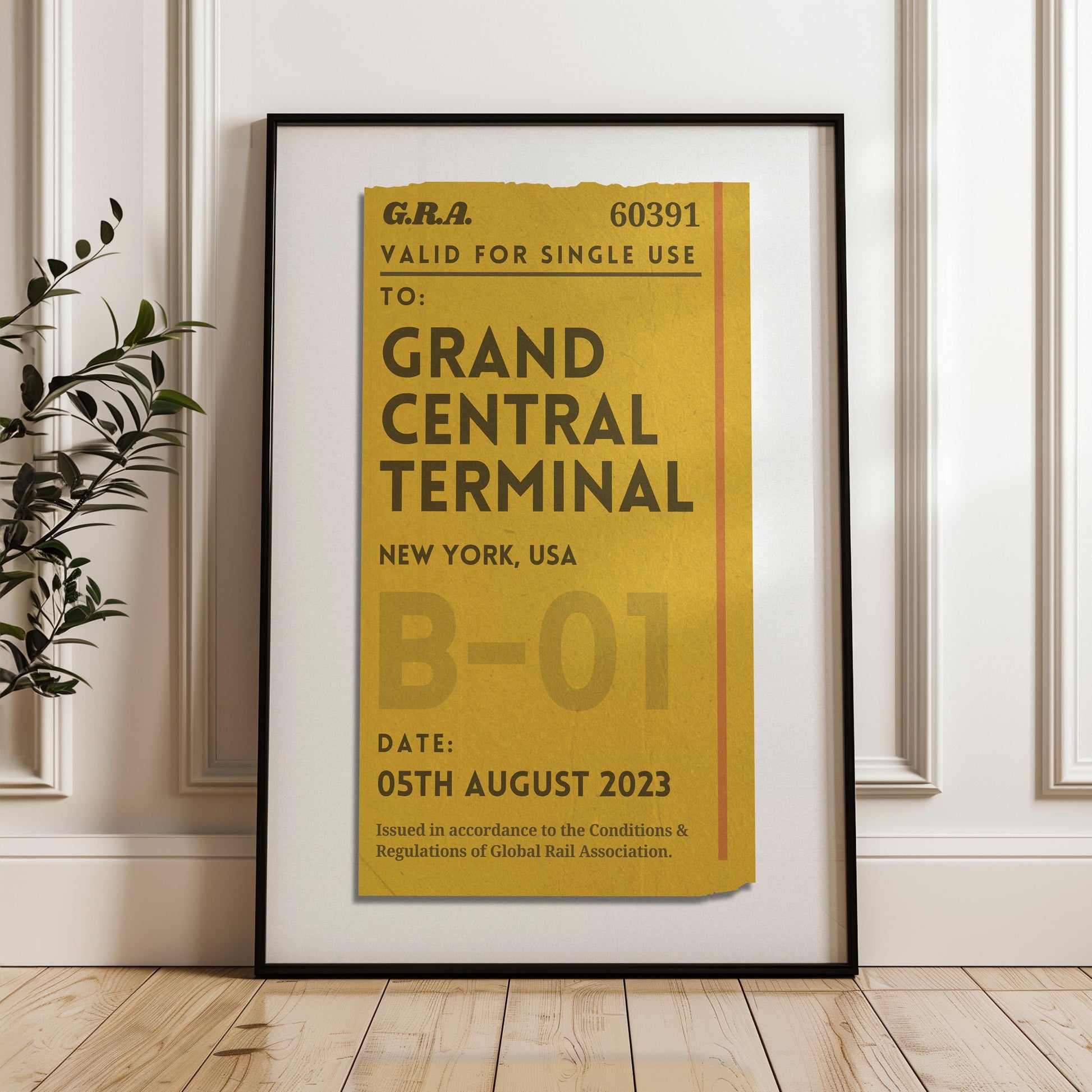 Framed Custom yellow and mustard colour Vintage train ticket Poster, perfect gift for travellers and nostalgic holiday memories