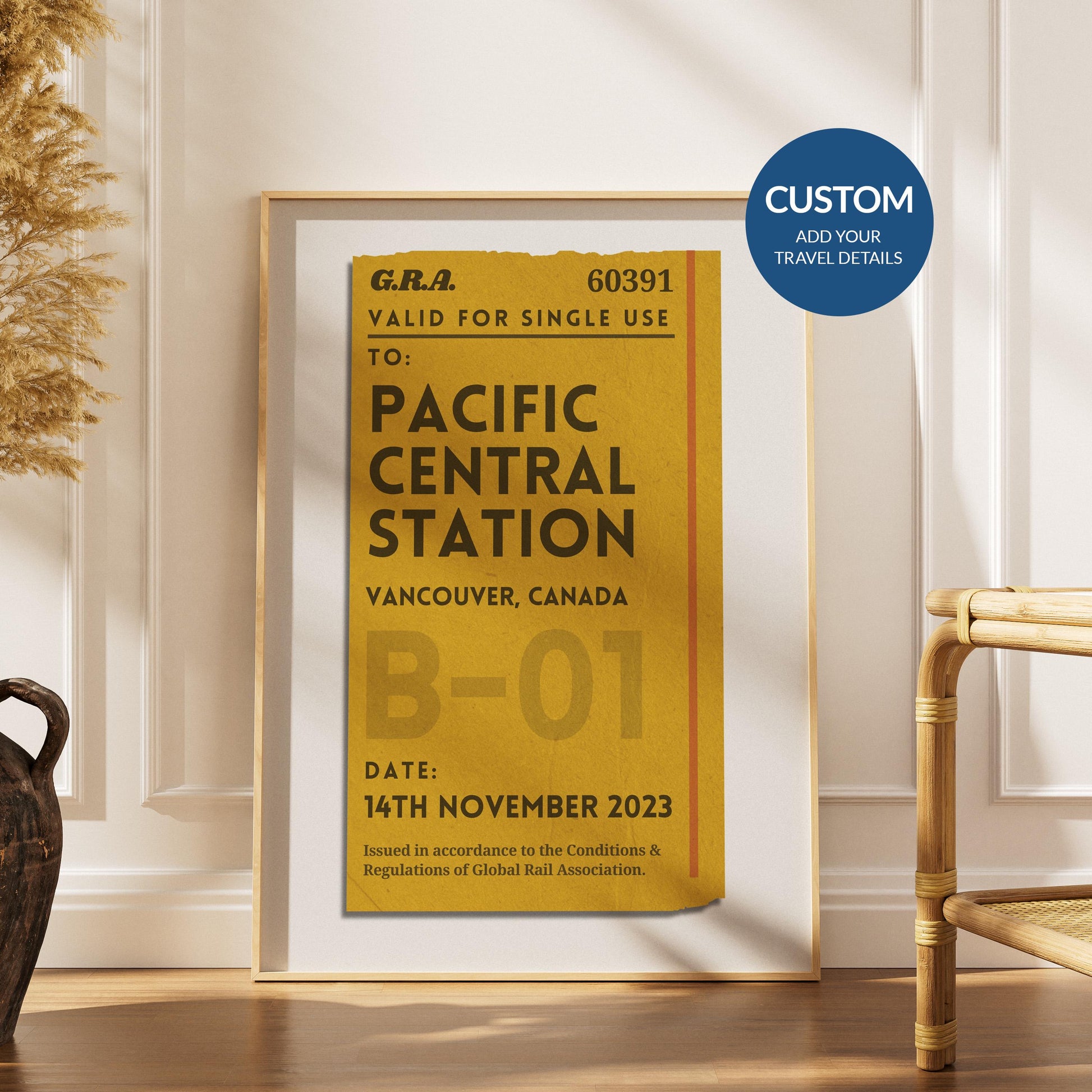 a scandinavian style home with a wood framed poster with personalised train ticket on it