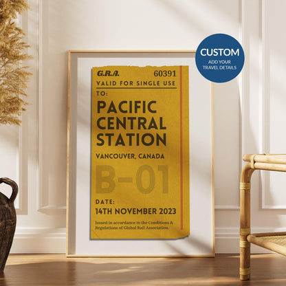 a scandinavian style home with a wood framed poster with personalised train ticket on it