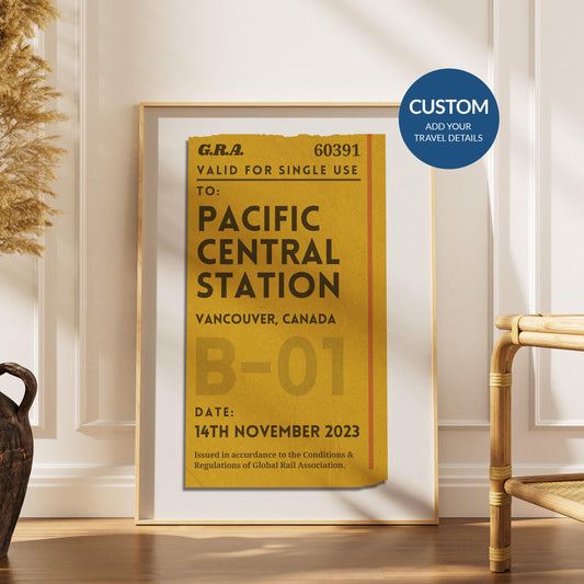 a scandinavian style home with a wood framed poster with personalised train ticket on it
