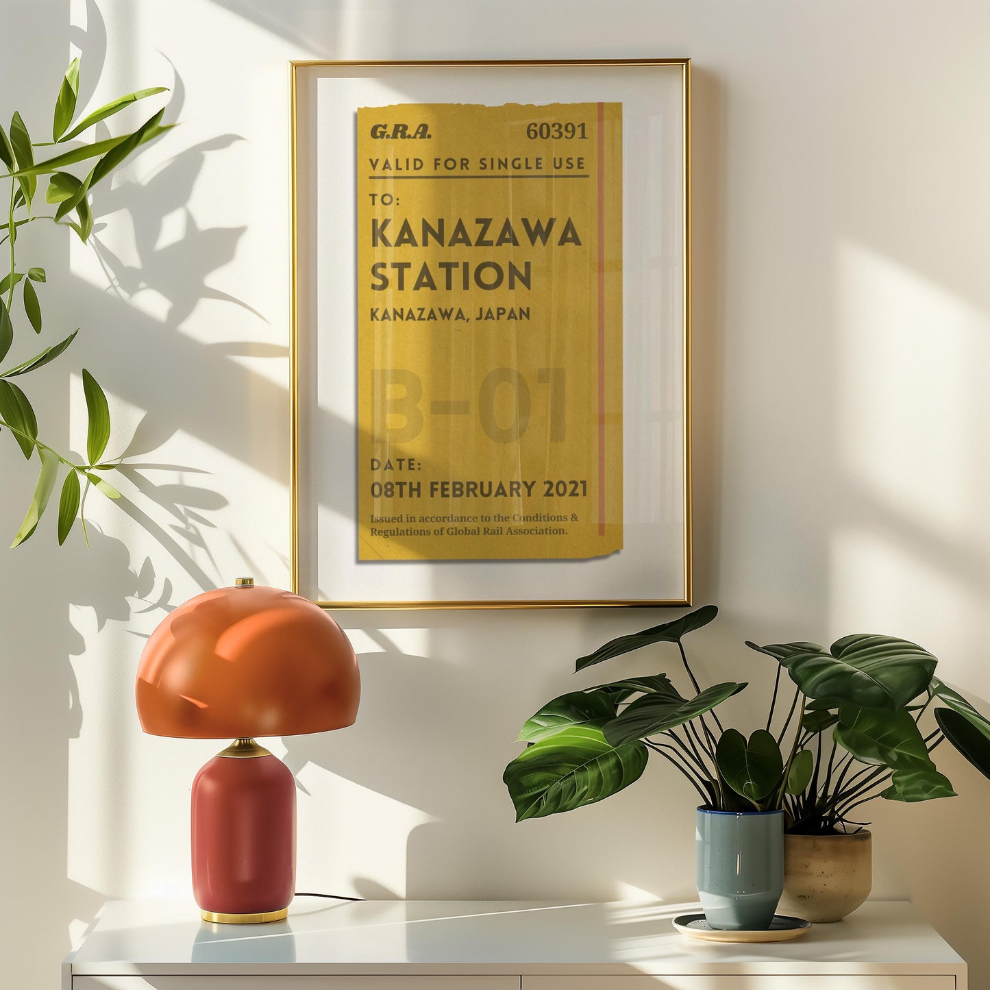 Printed travel keepsake with bespoke vintage luggage tag, framed and ready to display for trendy memory holiday décor.