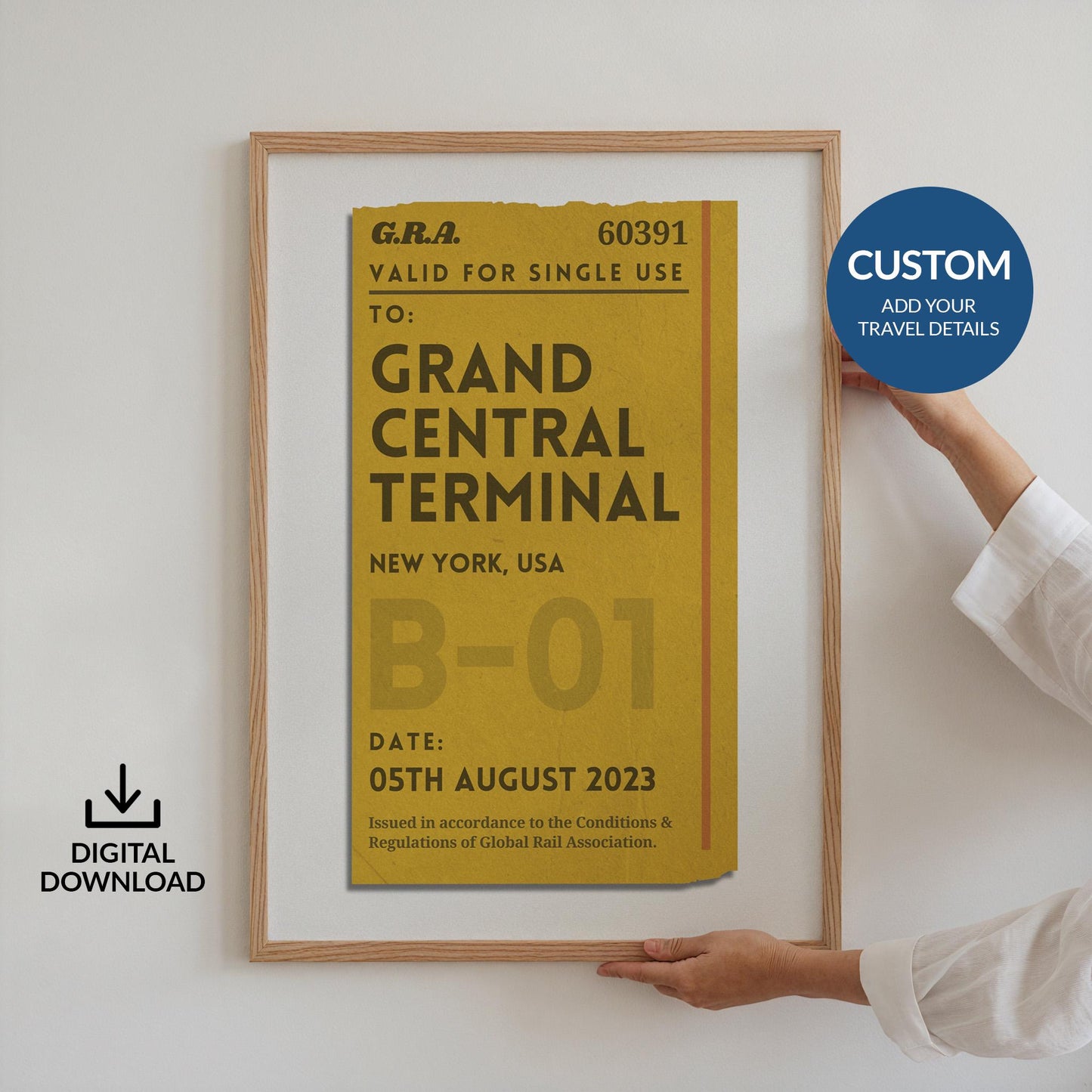 a scandinavian style home with a wood framed poster with personalised train ticket on it