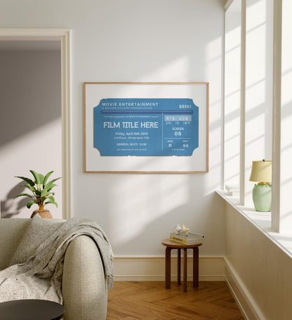A modern white and grey family home with art on the wall. The design shows a muted blue colour large ticket stub with the title "your film here"