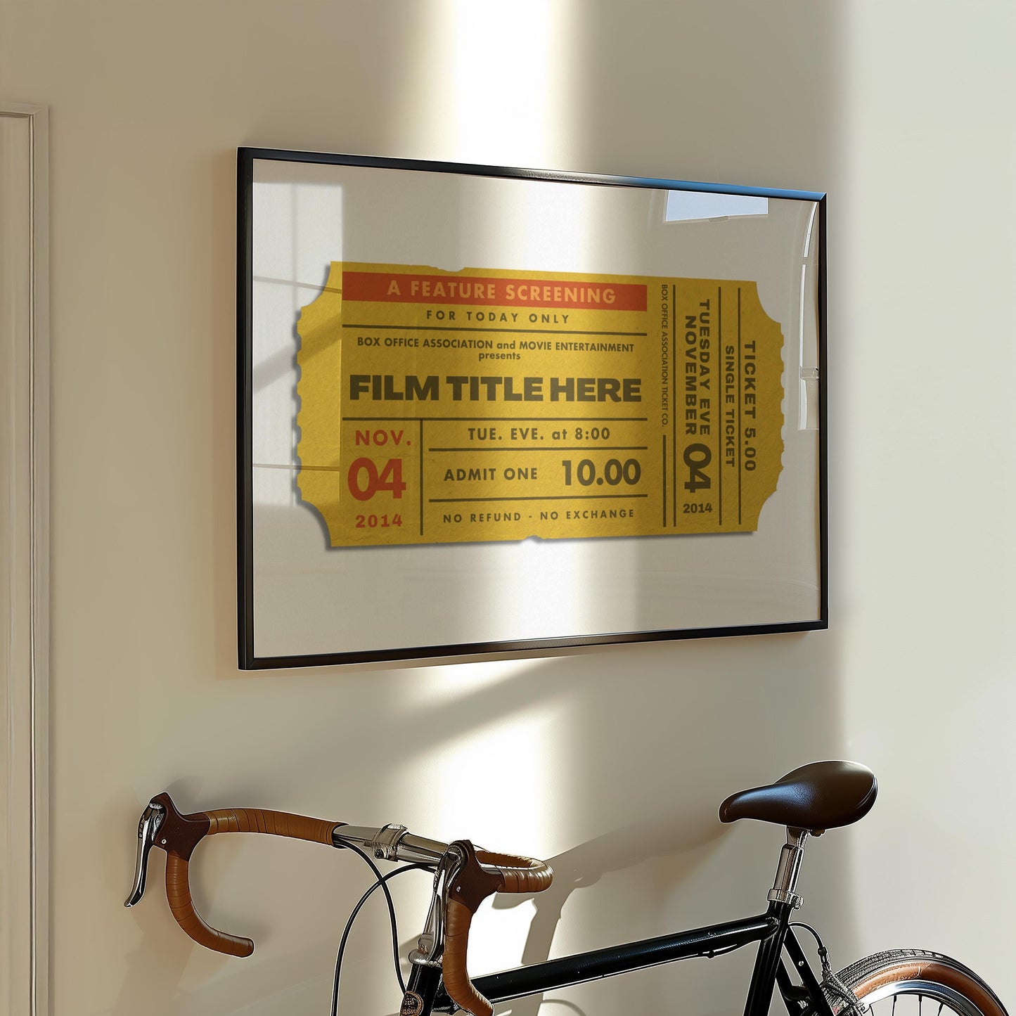 Printed travel keepsake with bespoke vintage cinema ticket, framed and ready to display for trendy memory décor.