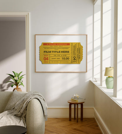 A modern white and grey family home with art on the wall. The design shows a muted yellow colour large ticket stub with the title "your film here"