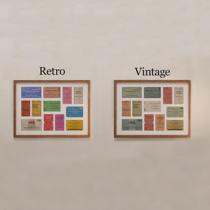 Two prints on a white wall in two colour schemes to show the options available. One is a vibrant retro palette and the other is a muted vintage colour scheme.